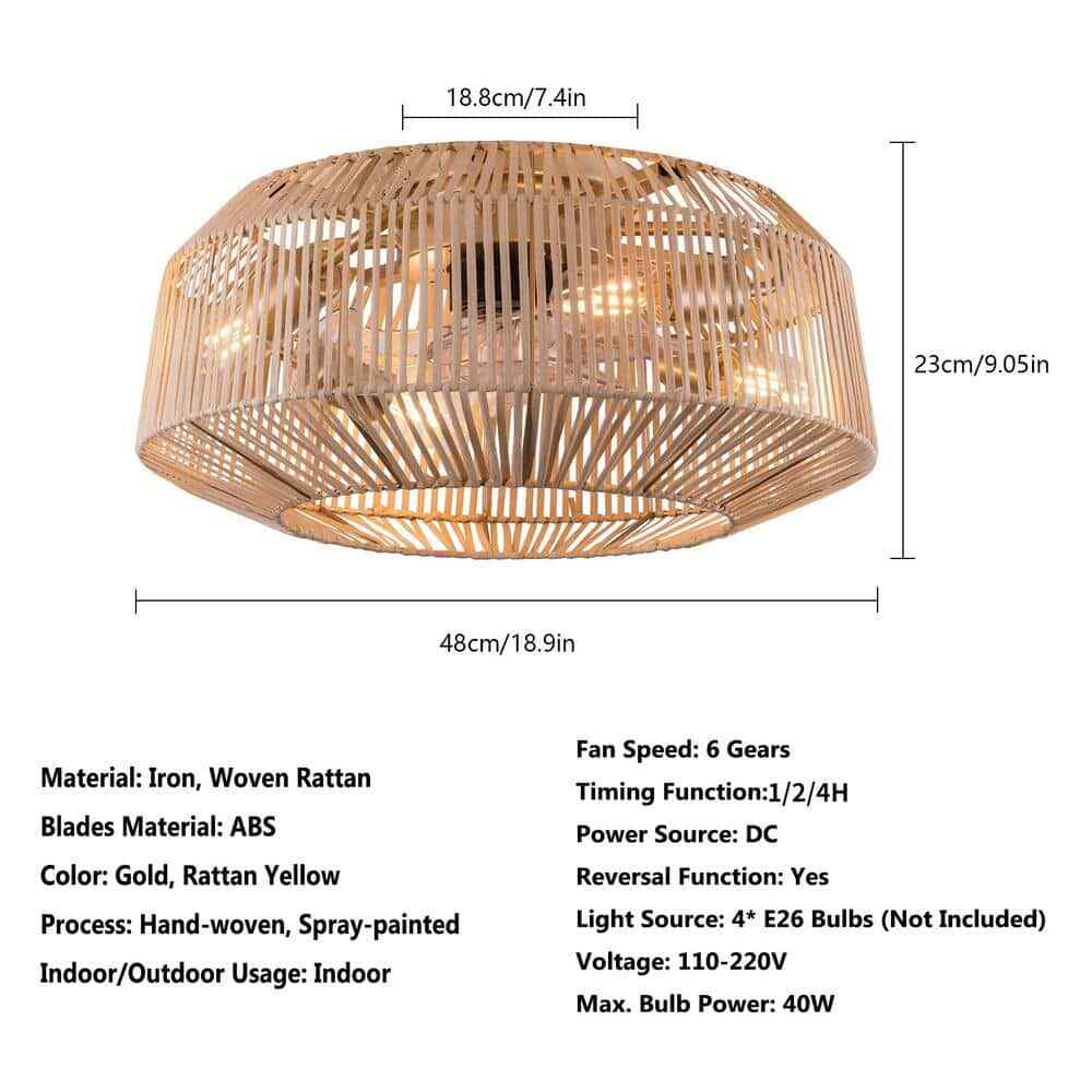 18.9 in. Brown Rattan Caged Bladeless Ceiling Fan w/ Reversible Motor & Remote 