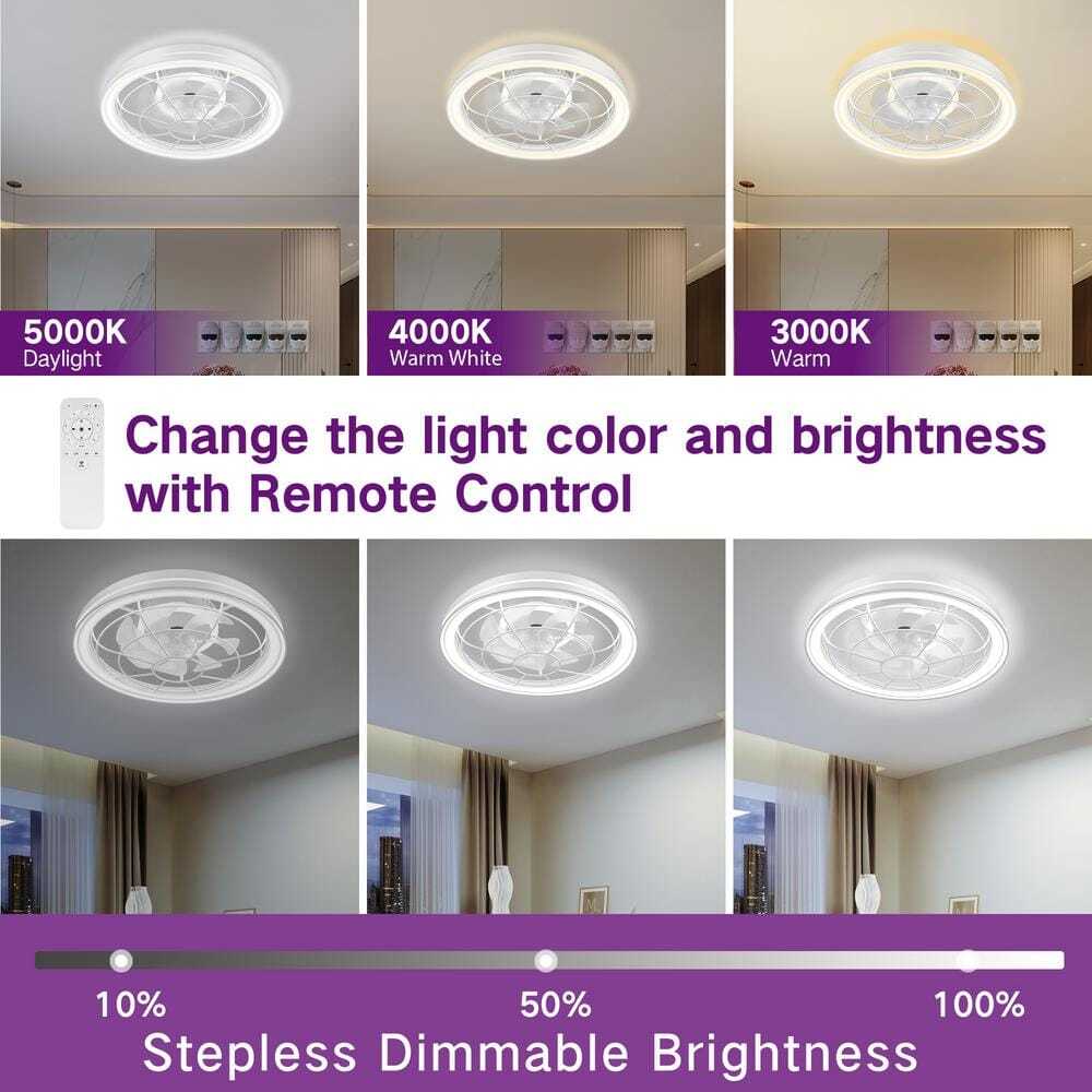 BICIK Flush Mount Smart White Invisible Blade Ceiling Fan w/ Light & Remote