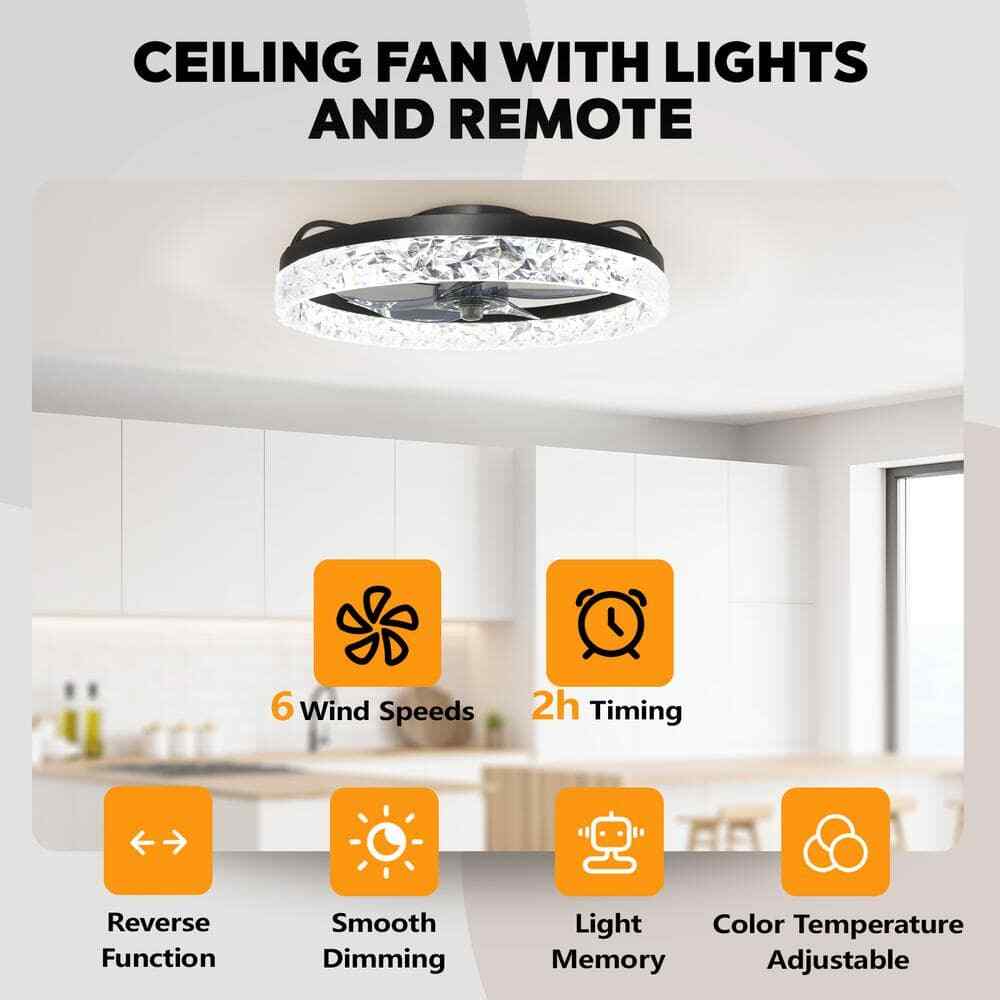 Ariskeen 20 in Black Crystal Ceiling w/ with Light & Remote Flush Mount Dimmable