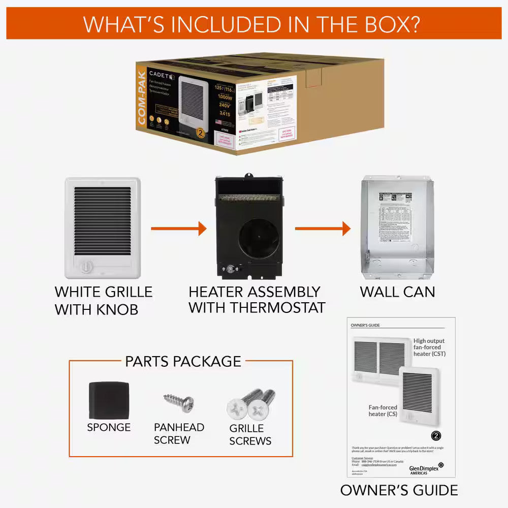 Cadet 120v 1500w Com-Pak In-wall Fan-forced Electric Heater, White, Thermostat