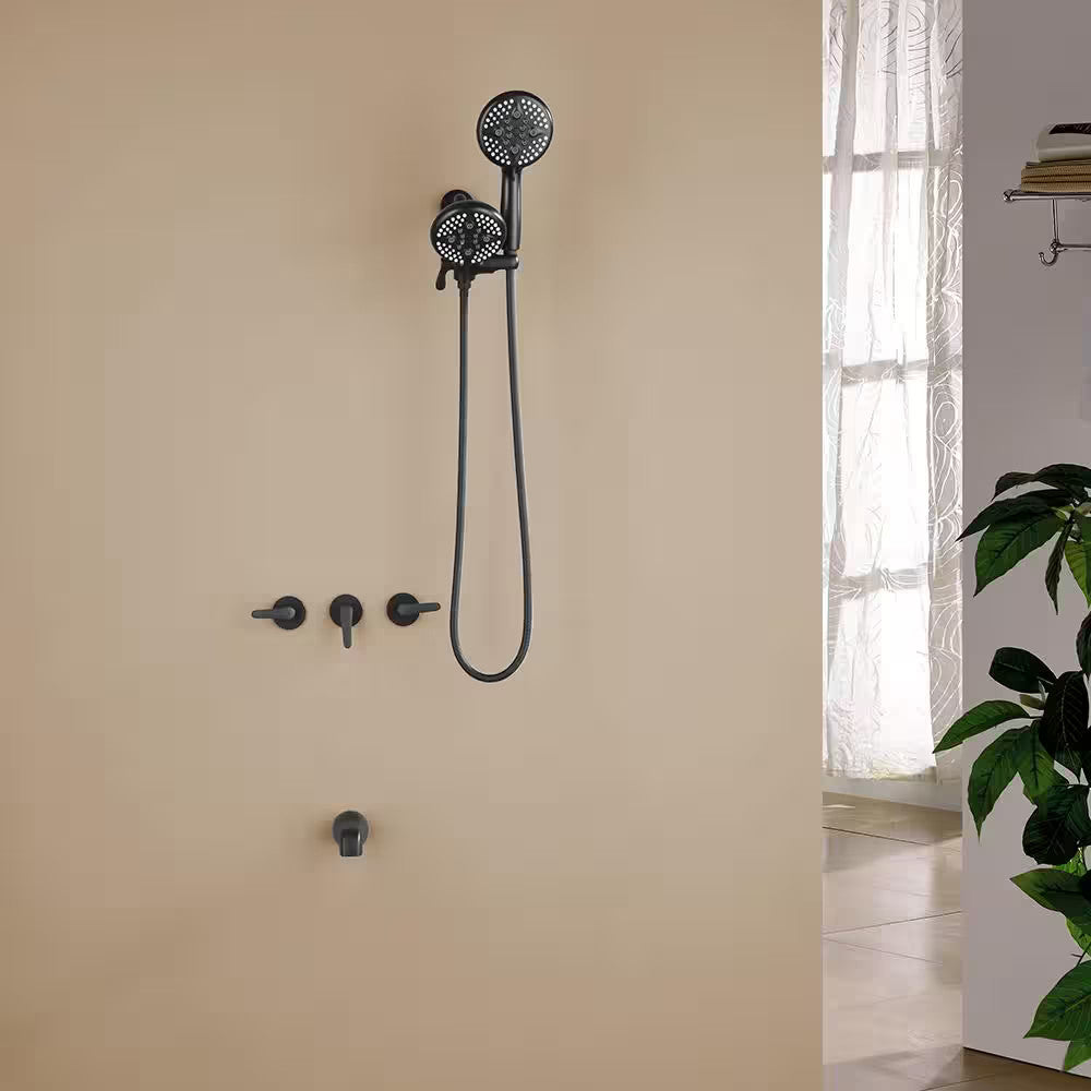3-Handle Tub Shower Faucet Dual Head Shower 2.5 GPM  Matte Black, with Valve