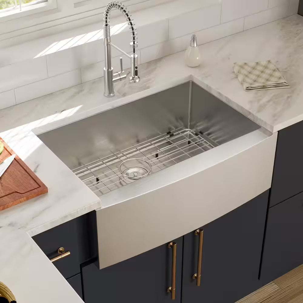 27" Single Bowl Stainless Steel Farmhouse Kitchen Sink, Bottom Grid and Strainer