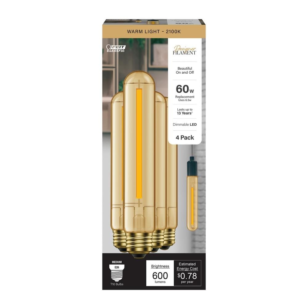 (4-Pk) Feit Electric Dimmable Straight Filament LED Light Bulb Warm White 60W
