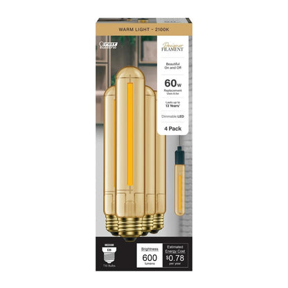 (4-Pk) Feit Electric Dimmable Straight Filament LED Light Bulb Warm White 60W