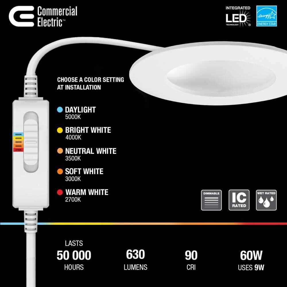 Commercial Electric Low Glare LED 4" Adjustable Temp Canless Recessed Light 