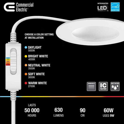 Commercial Electric Low Glare LED 4" Adjustable Temp Canless Recessed Light 