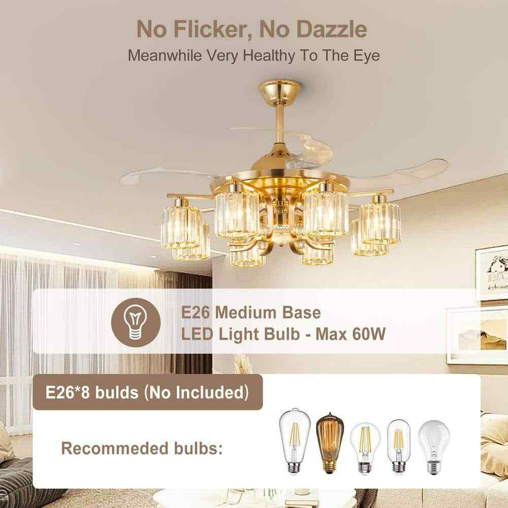 Depuley 48 in. 8-Light Gold Ceiling Fan w/ Remote Crystal Retractable Fandelier