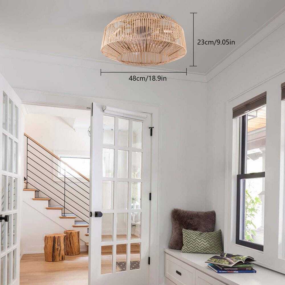 18.9 in. Brown Rattan Caged Bladeless Ceiling Fan w/ Reversible Motor & Remote 