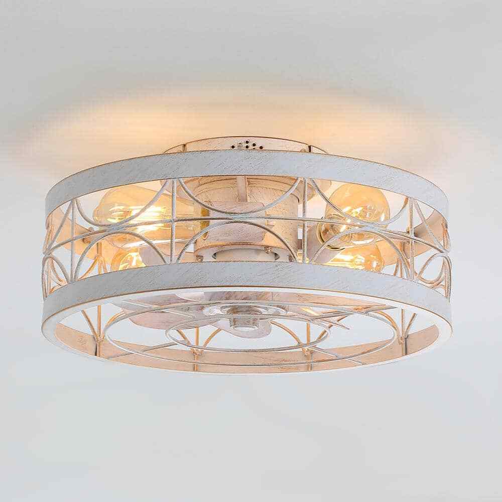 Breezary 16.5 in. White/Gold Caged Flush Mount Ceiling Fan w/ Light & Remote