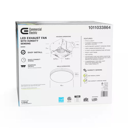 Commercial Electric 80/110 CFM Round Bathroom Exhaust Fan Light Humidity Sensor