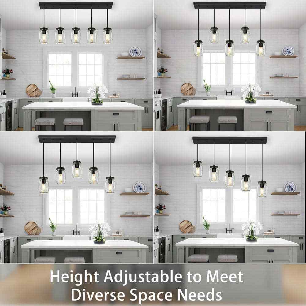 5-Light Matte Black Farmhouse Mason Jar Linear Hanging Kitchen Island Light