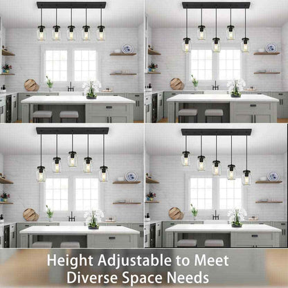 5-Light Matte Black Farmhouse Mason Jar Linear Hanging Kitchen Island Light