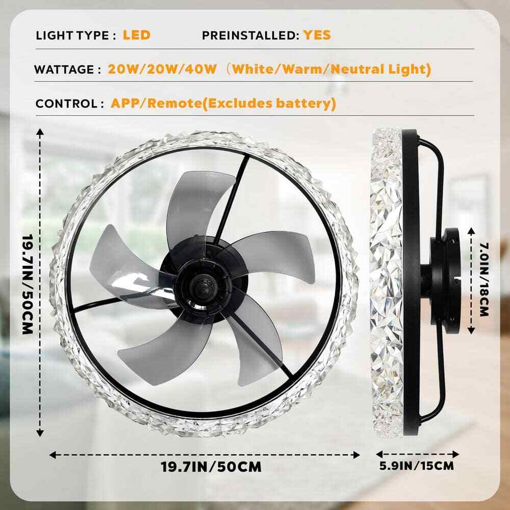 Ariskeen 20 in Black Crystal Ceiling w/ with Light & Remote Flush Mount Dimmable
