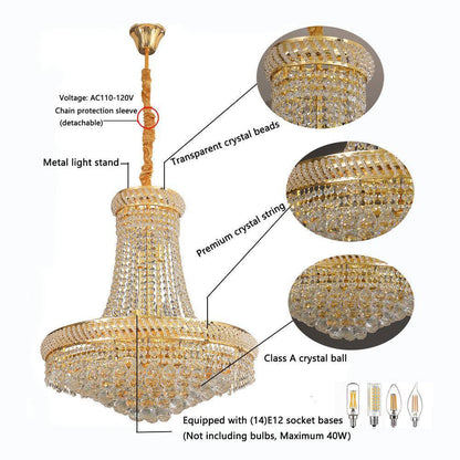 14-Light Golden France Empire Style Modern K9 Crystal Raindrop Chandelier Light