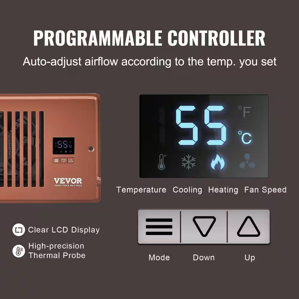 BROWN VEVOR Register Booster Fan Quiet Smart Vent Fits 4x10 in Heating Cooling