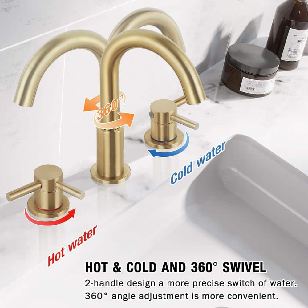 AKLFGN 8 in. Widespread 2-Handle High Arc Bathroom Faucet Drain Kit Brushed Gold