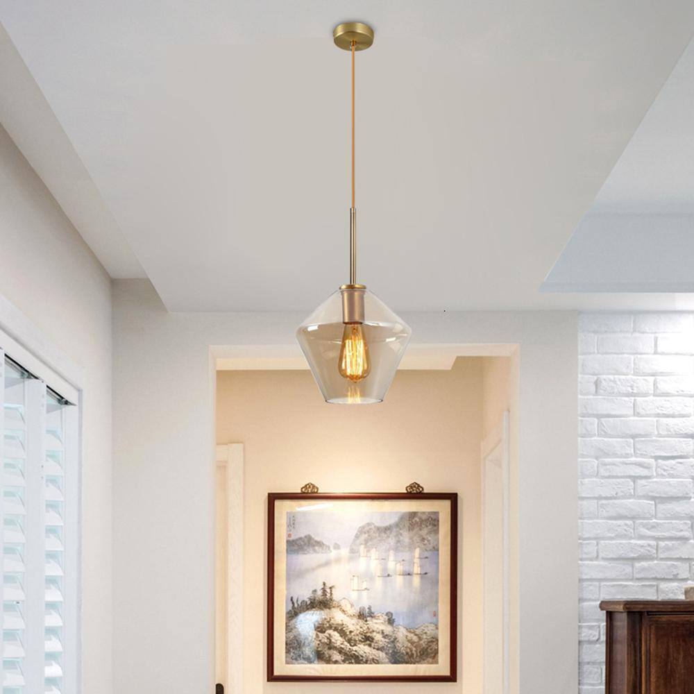 9.1 in. W x 8.5 in. H 1-Light Amber Glass Champagne Gold Pendant Light