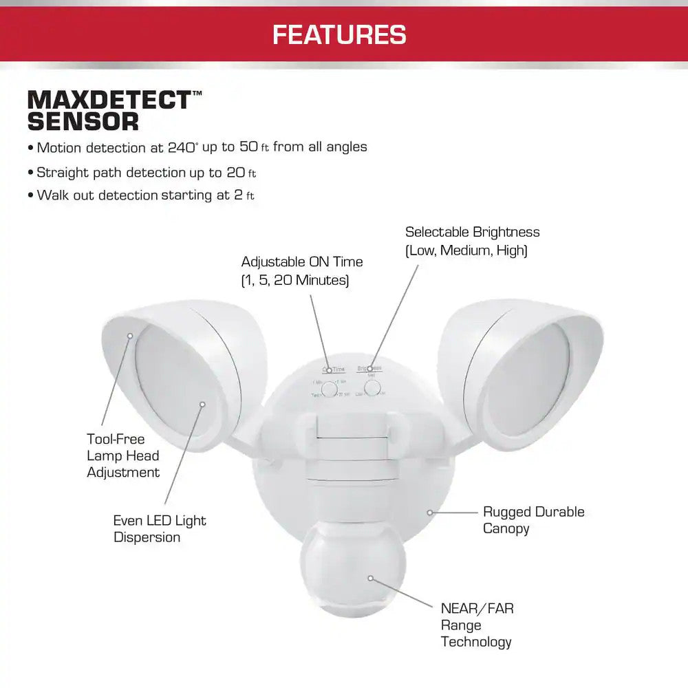 Defiant MaxDetect 240° White Motion Sensing Wired Outdoor LED 2-Head Flood Light