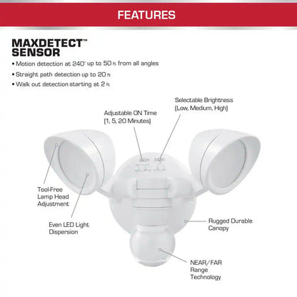 Defiant MaxDetect 240° White Motion Sensing Wired Outdoor LED 2-Head Flood Light