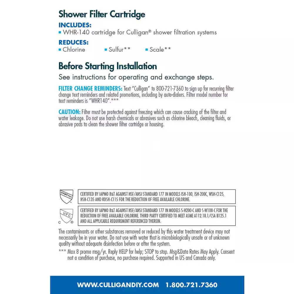 *2 PACK* Culligan Replacement Cartridge Shower Water Filtration Systems WHR-140