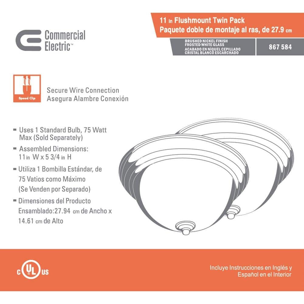 Commercial Electric 11 in. Brushed Nickel Flush Mount Frosted Glass Shade 2-Pack