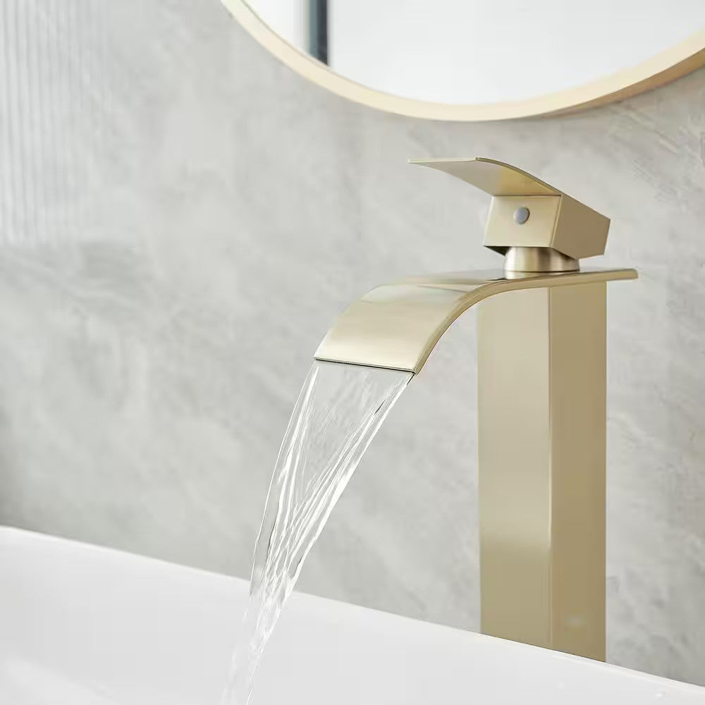 BWE Waterfall Single Hole Single Handle Bathroom Vessel Sink Faucet Brushed Gold