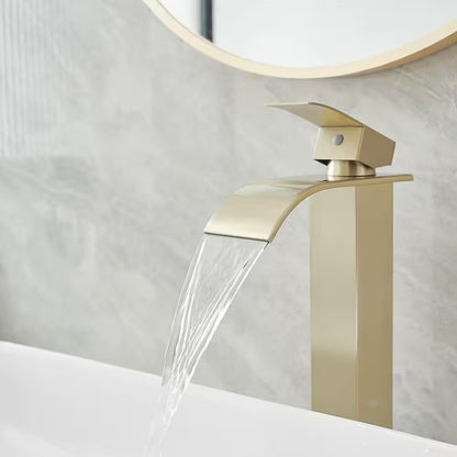 BWE Waterfall Single Hole Single Handle Bathroom Vessel Sink Faucet Brushed Gold