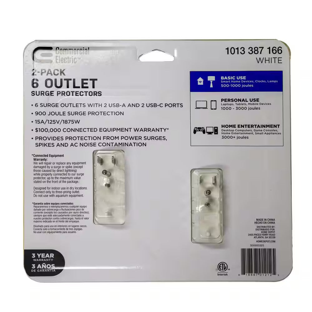 Commercial Electric CE 10 in 1 Surge Wall Tap 2USB-A 2USB-C 2-Pack