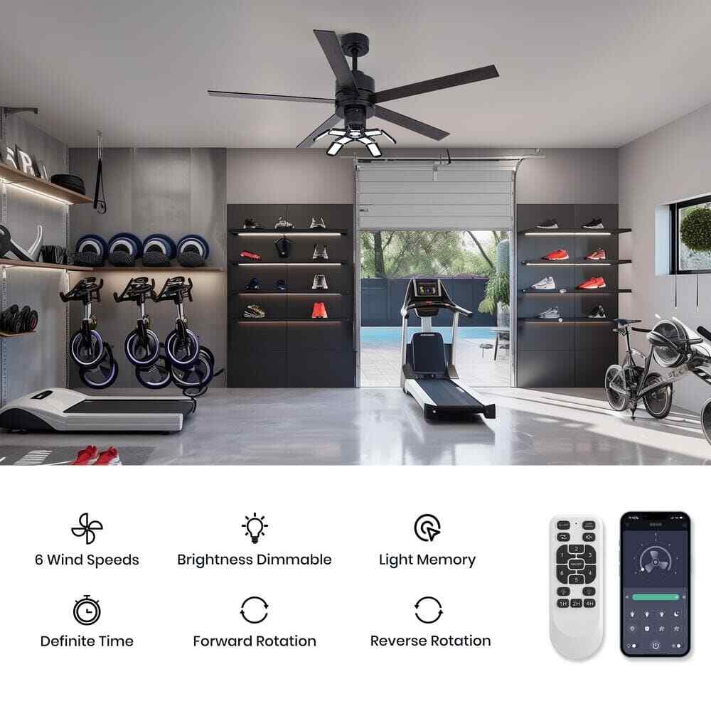 ANTOINE 56 in. Black Ceiling Fan with Dimmable LED Light & Remote  for Garage 
