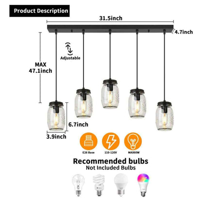 5-Light Matte Black Farmhouse Mason Jar Linear Hanging Kitchen Island Light