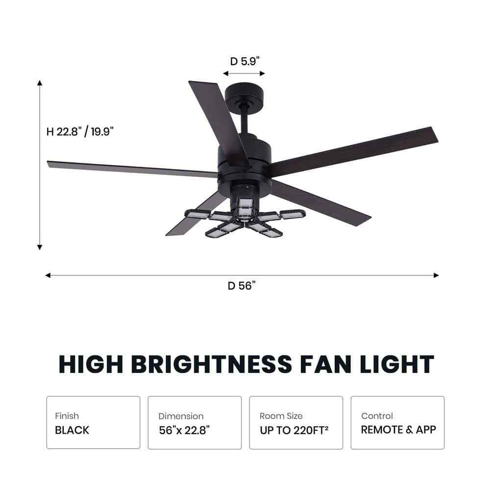 ANTOINE 56 in. Black Ceiling Fan with Dimmable LED Light & Remote  for Garage 