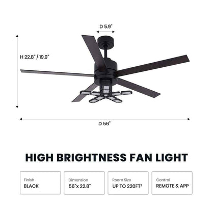 ANTOINE 56 in. Black Ceiling Fan with Dimmable LED Light & Remote  for Garage 