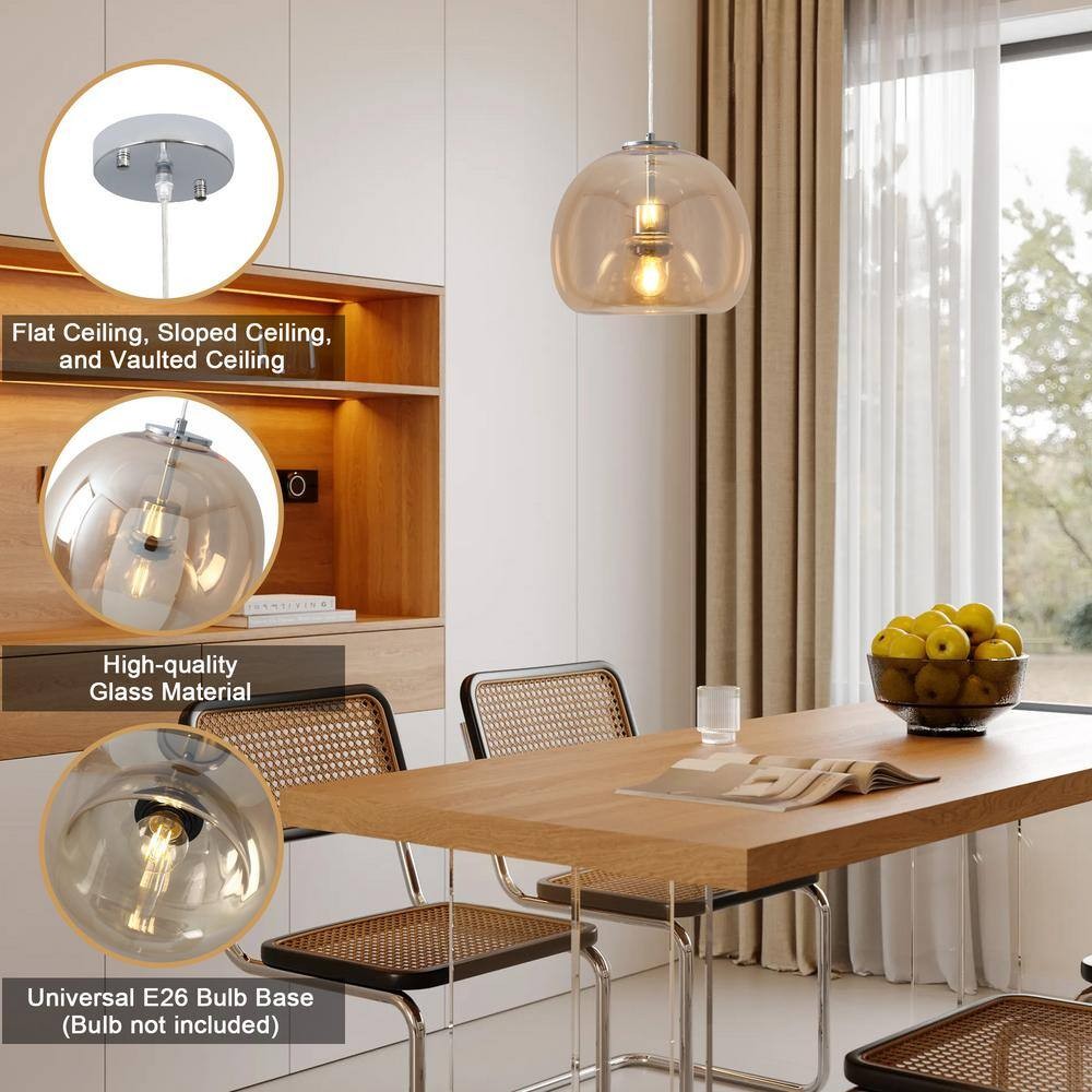 1-Light Chrome Globe Pendant Light Amber Glass for Living Room No Bulbs Included