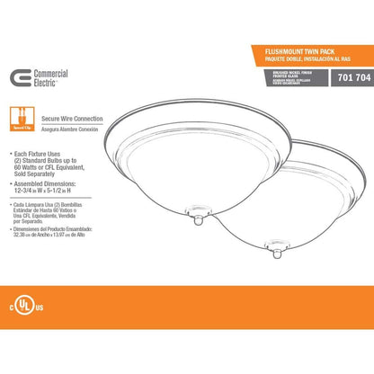 Commercial Electric 13 in. Brushed Nickel Flush Mount Frosted Glass Shade 2-Pack