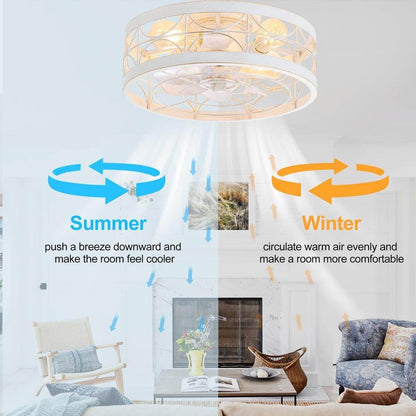 Breezary 16.5 in. White/Gold Caged Flush Mount Ceiling Fan w/ Light & Remote