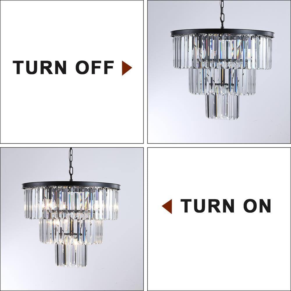 19.7 Black 3-Tier Chandelier Light Fixture Crystal Hanging Light for Living Room