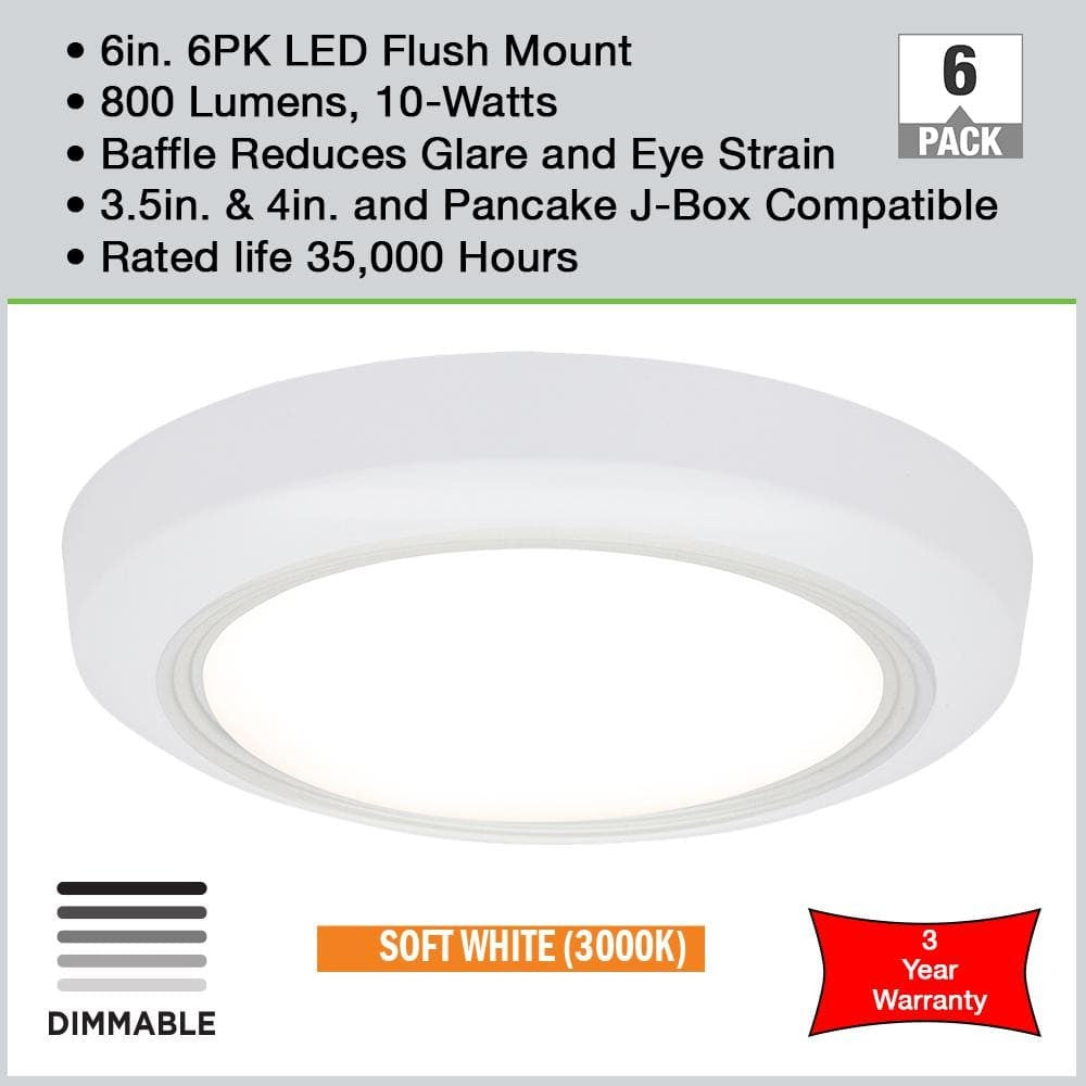 Commercial Electric 6 in LED Flush Mount Ceiling Light J Box Compatible 6 Pack