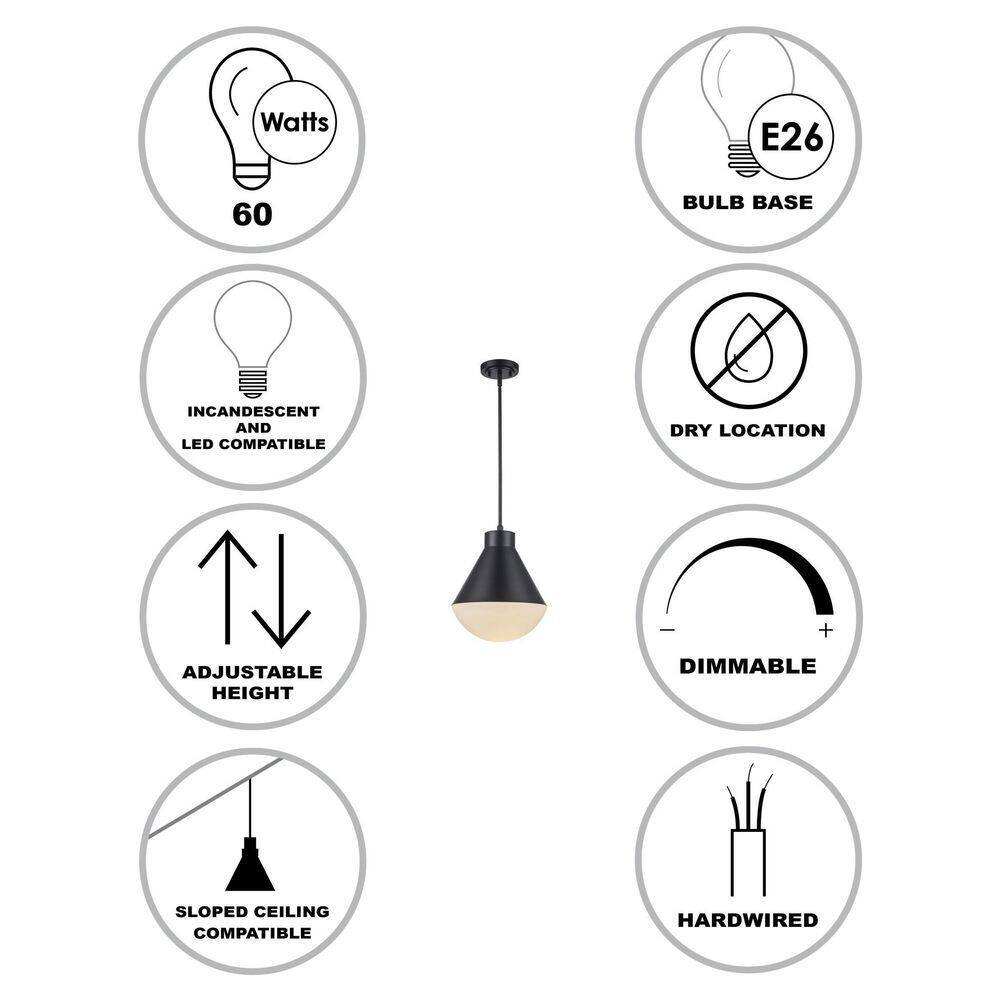 Bel Air Lighting Ludlow Black Hanging Pendant Light w/ White Opal Glass Shade