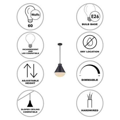 Bel Air Lighting Ludlow Black Hanging Pendant Light w/ White Opal Glass Shade