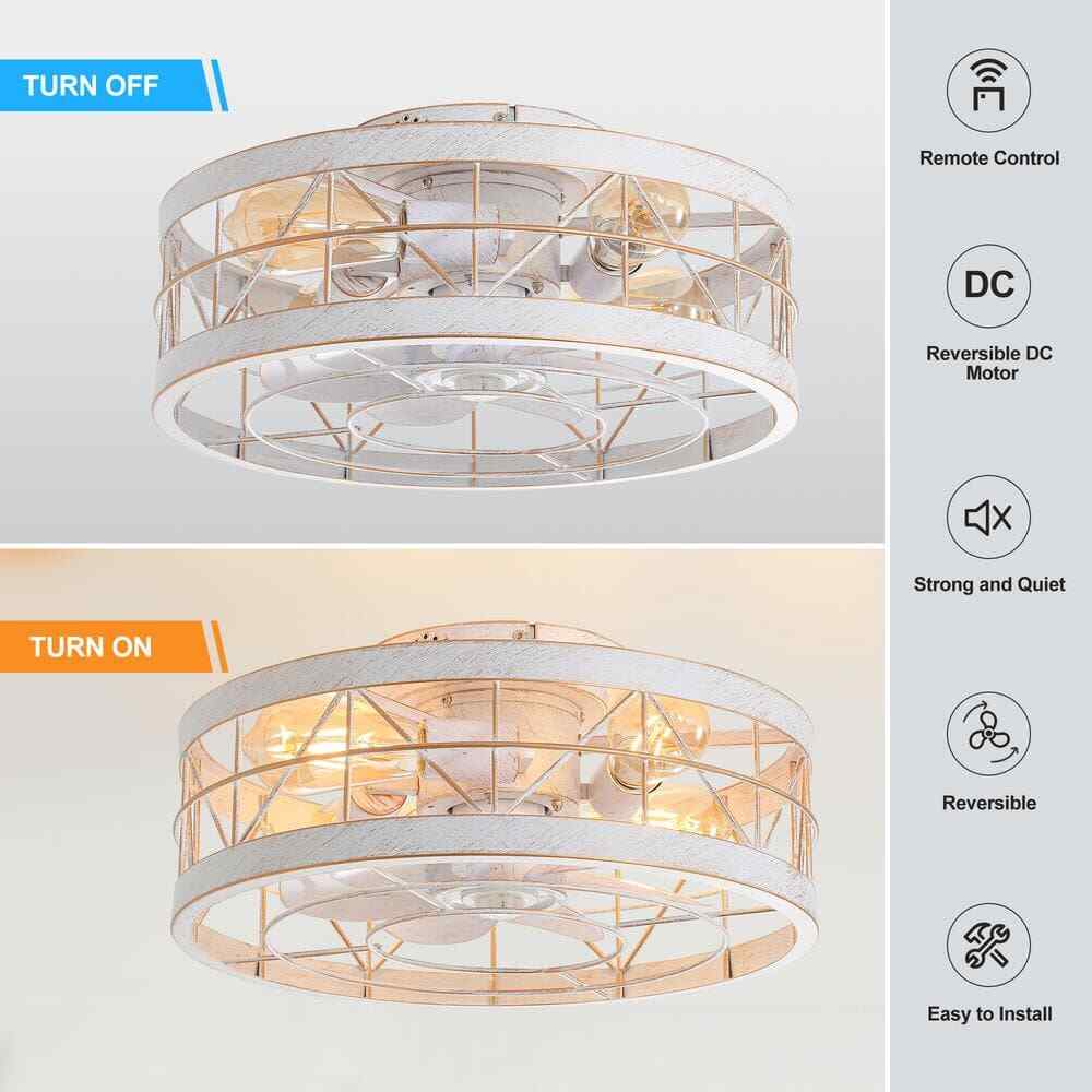Breezary 16.5 in. White/Gold Enclosed Flush Mount Ceiling Fan w/ Light & Remote