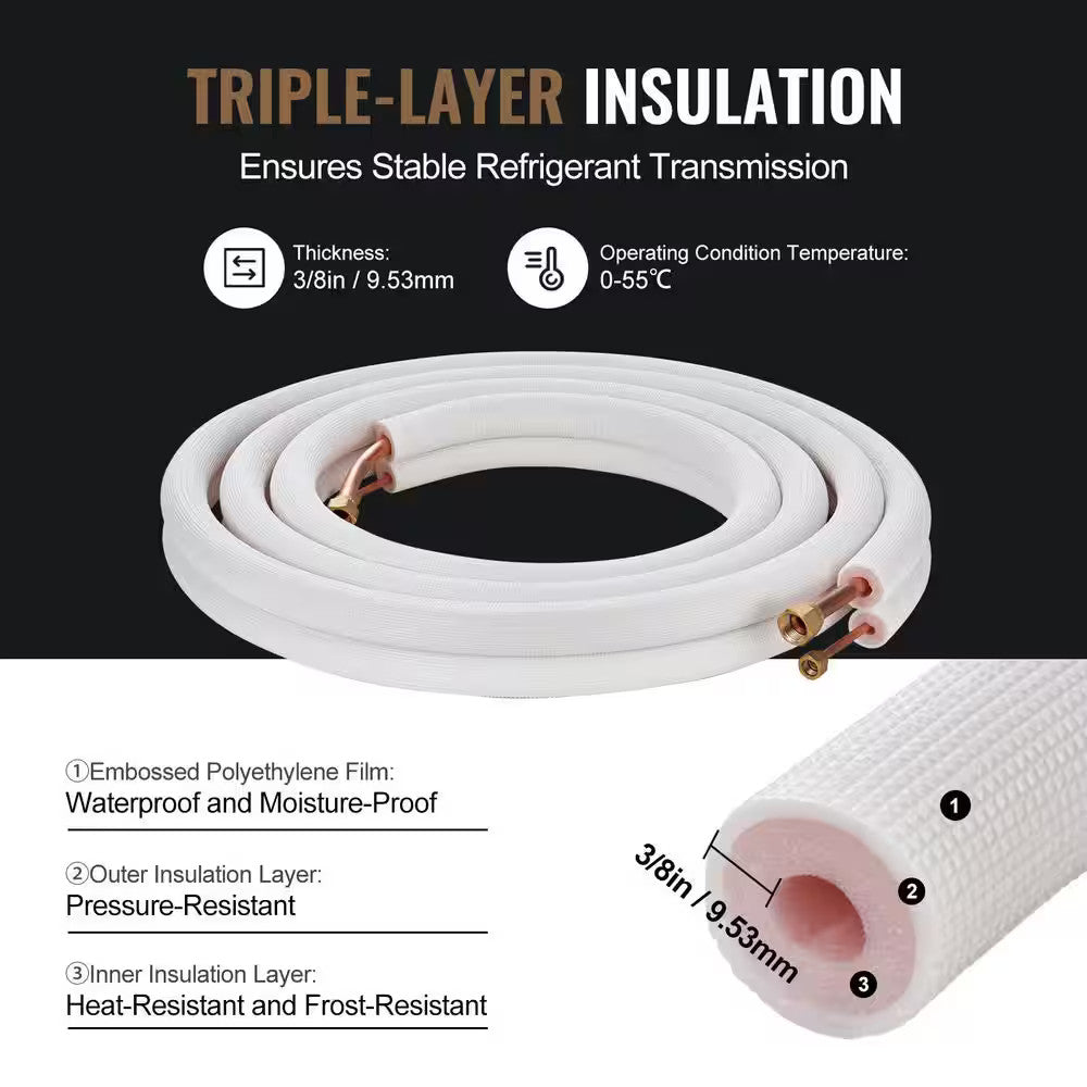 16 ft. Mini Split Line Set 1/4" and 1/2" OD Copper Pipes Tubing with Insulation