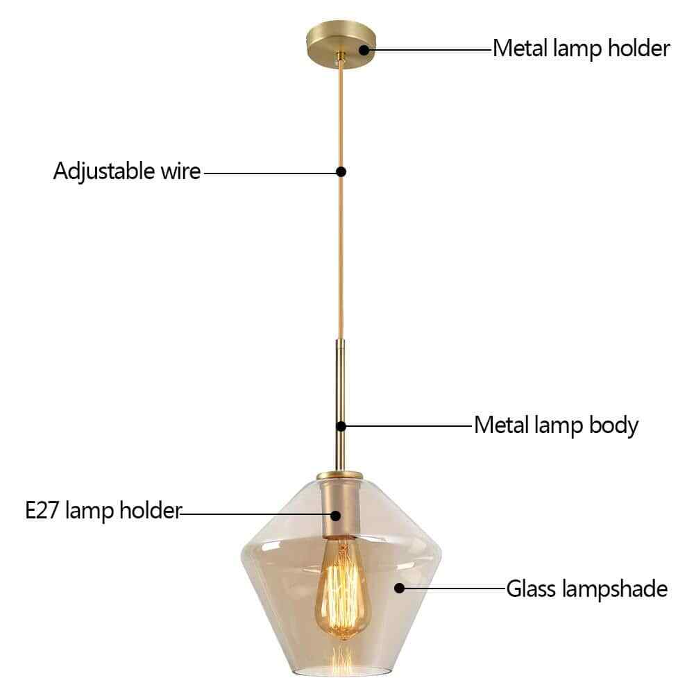 9.1 in. W x 8.5 in. H 1-Light Amber Glass Champagne Gold Pendant Light