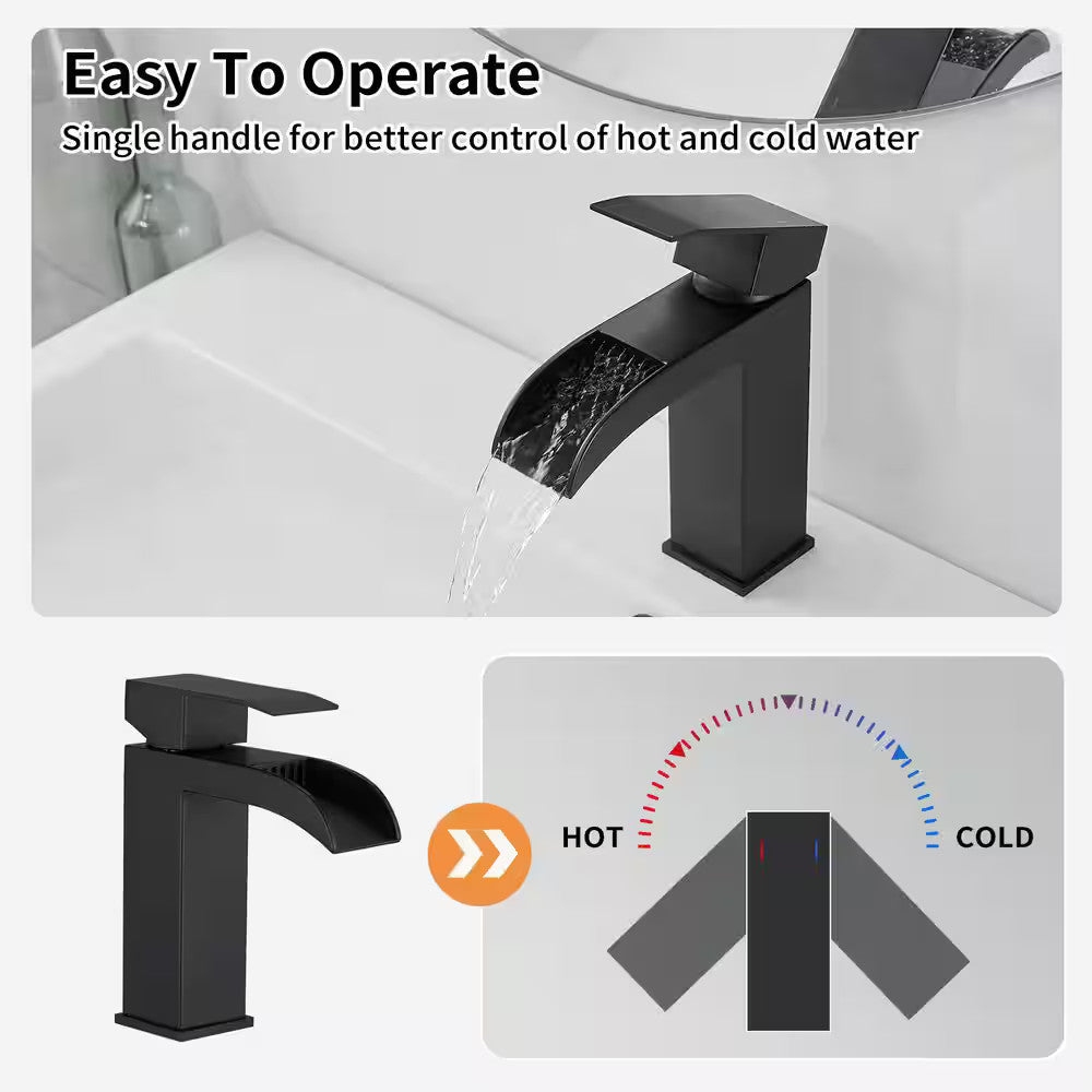 BWE Waterfall Single Handle Single Hole Bathroom Faucet Pop up Drain Matte Black