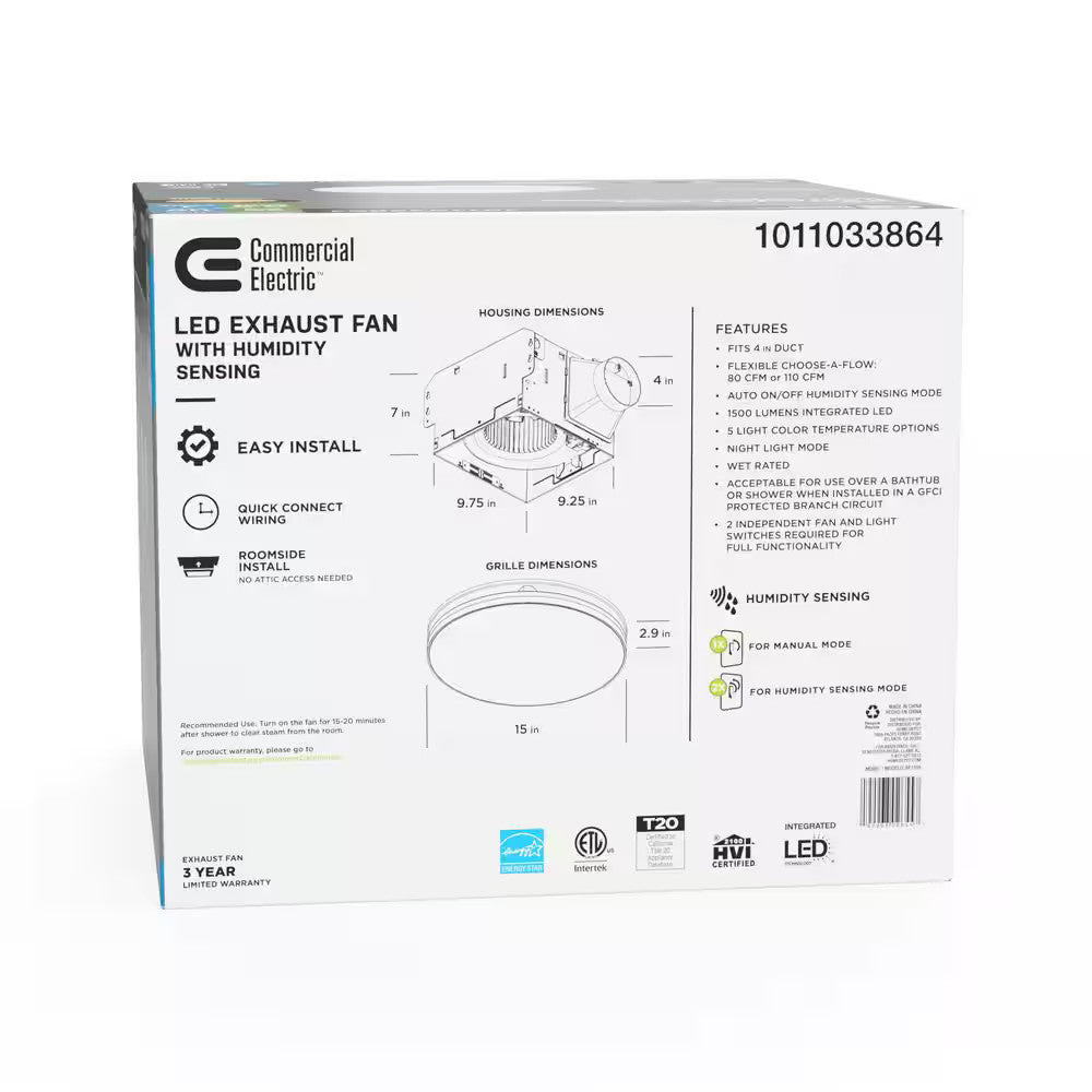 Commercial Electric 80/110 CFM Ceiling Mount Exhaust Fan LED/Night Light