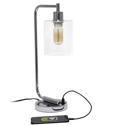 18.8 In. Chrome Industrial Iron Lantern Table Lamp w/ Glass Shade and USB Port 