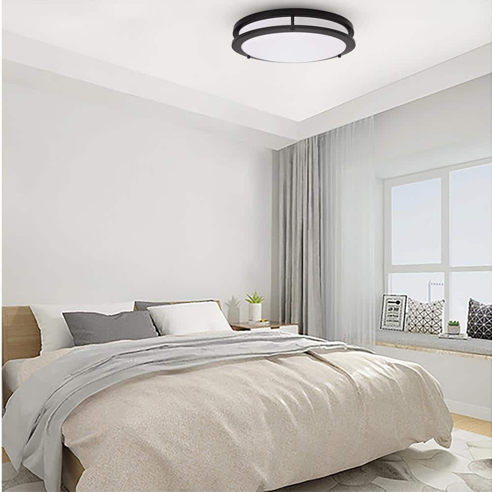 14 in Brushed Nickel Selectable LED Round Double Ring Flush Mount Dimmable Black
