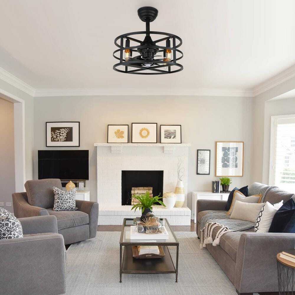 Bella Depot 18 in. Metal Black Caged Reversible Ceiling Fan w/ Lights and Remote