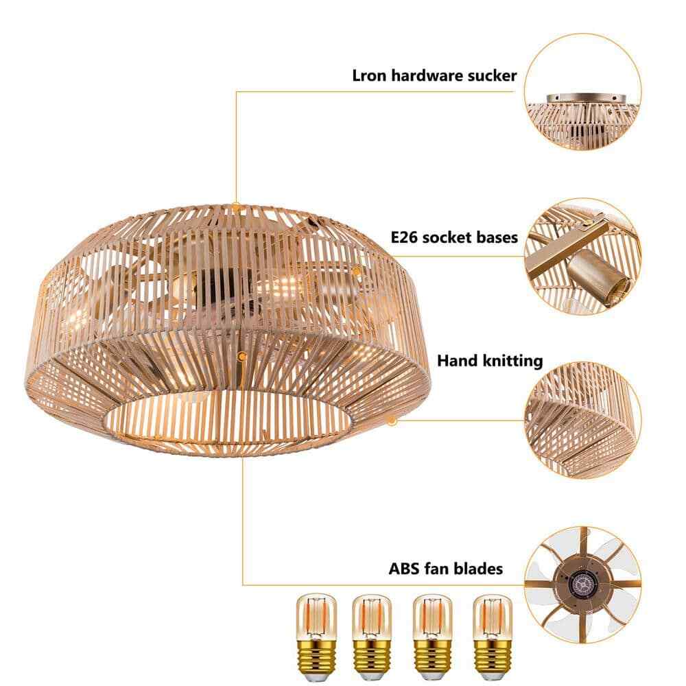 18.9 in. Brown Rattan Caged Bladeless Ceiling Fan w/ Reversible Motor & Remote 