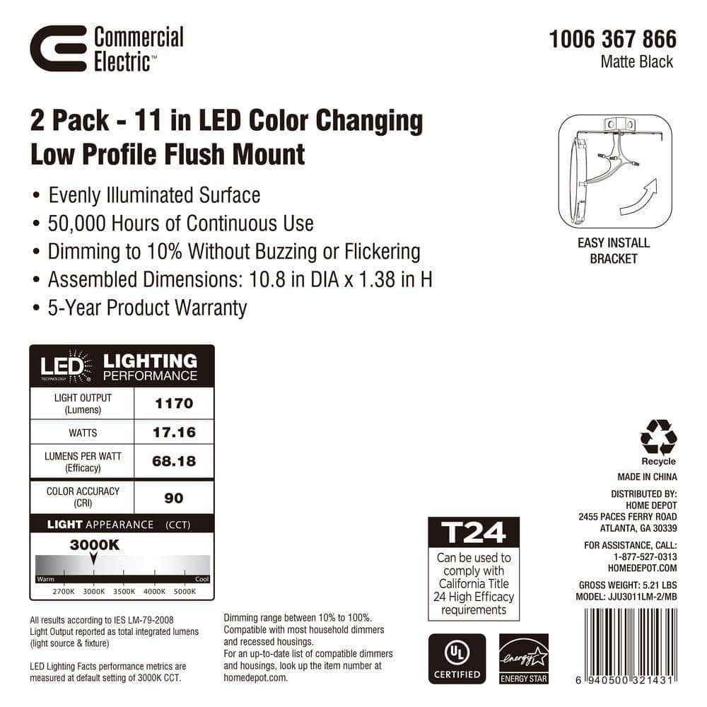 Commercial Electric 11" Matte Black 3-CCT LED Flush Mount Ceiling Light 2-Pack