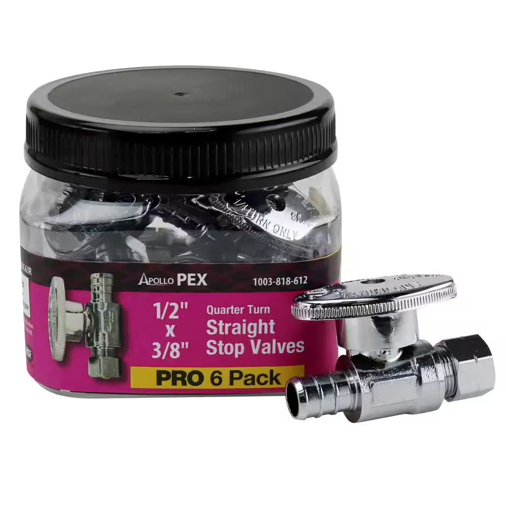 6 Pk Apollo APXVS1238C6JR 1/2" Brass PEX-B Barb x 3/8" Comp Straight Stop Valve